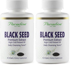 Paradise Black Seed Oil bottle pour showing antioxidant-rich formula for daily wellness.