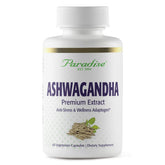 Paradise Herbs Ashwagandha bottle with capsules, suggesting a vegan organic supplement for daily wellness.