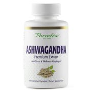 Paradise Herbs Ashwagandha bottle with capsules, suggesting a vegan organic supplement for daily wellness.