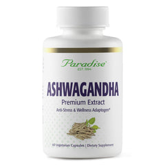 Paradise Herbs Ashwagandha bottle with capsules, suggesting a vegan organic supplement for daily wellness.