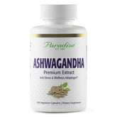 Paradise Herbs Ashwagandha capsules bottle on shelf, supporting calm energy.