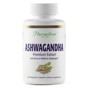 Paradise Herbs Ashwagandha capsules bottle on shelf, supporting calm energy.