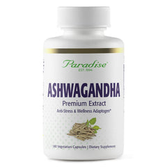 Paradise Herbs Ashwagandha capsules bottle on shelf, supporting calm energy.