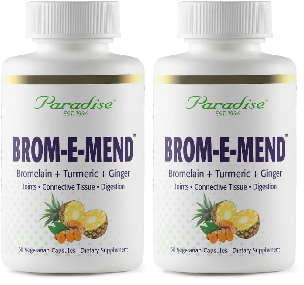Paradise Herbs Brom-E-Mend bottle pour for easy daily nutrition support.