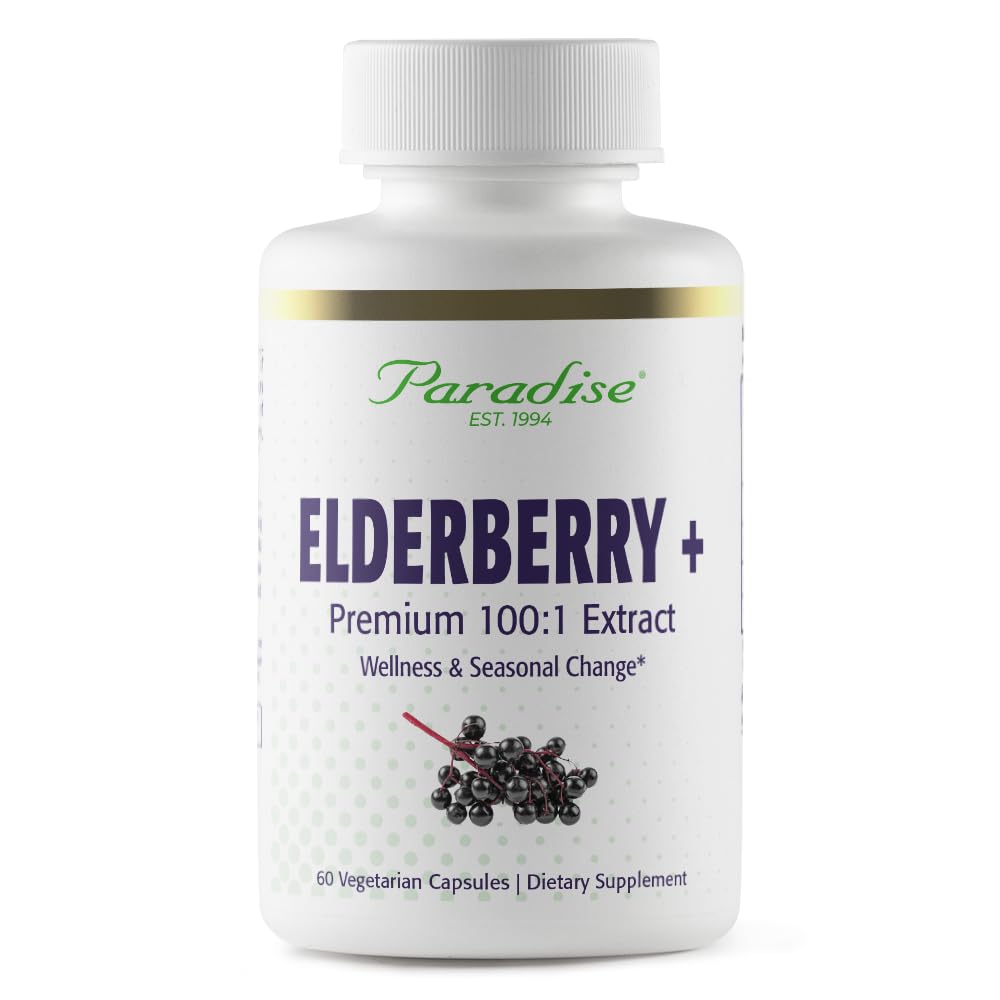 Paradise Herbs Elderberry with Zinc bottle close-up highlighting vegan immune support