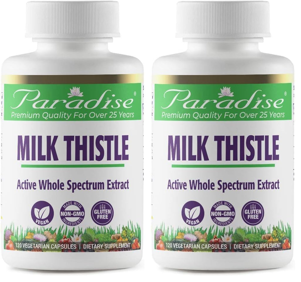 Paradise Herbs Milk Thistle packaging front view showing vegan, non‑GMO formula