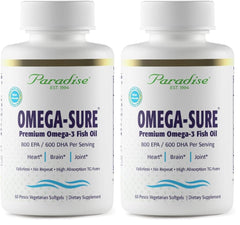 Paradise Herbs Omega-Sure bottle showing ultra-pure omega-3 concentrate for heart health support.
