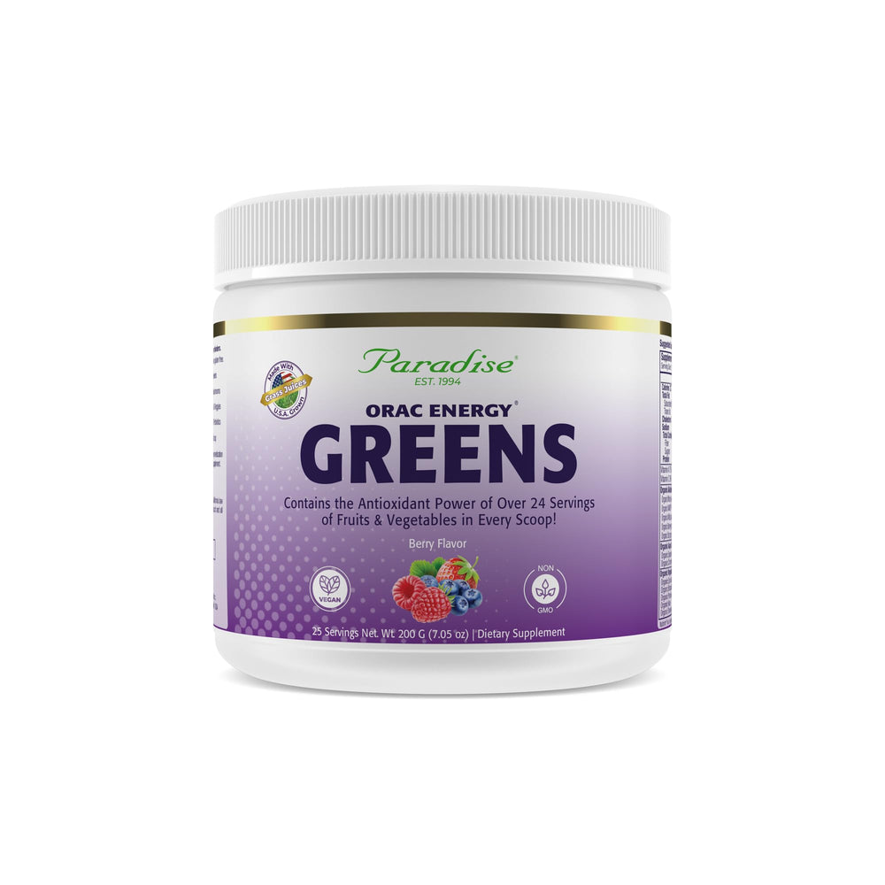 Paradise Herbs ORAC Energy Greens berry bottle highlighting berry flavor and antioxidant blend