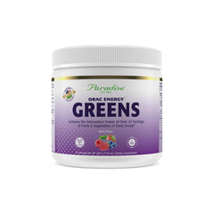 Paradise Herbs ORAC Energy Greens berry bottle highlighting berry flavor and antioxidant blend