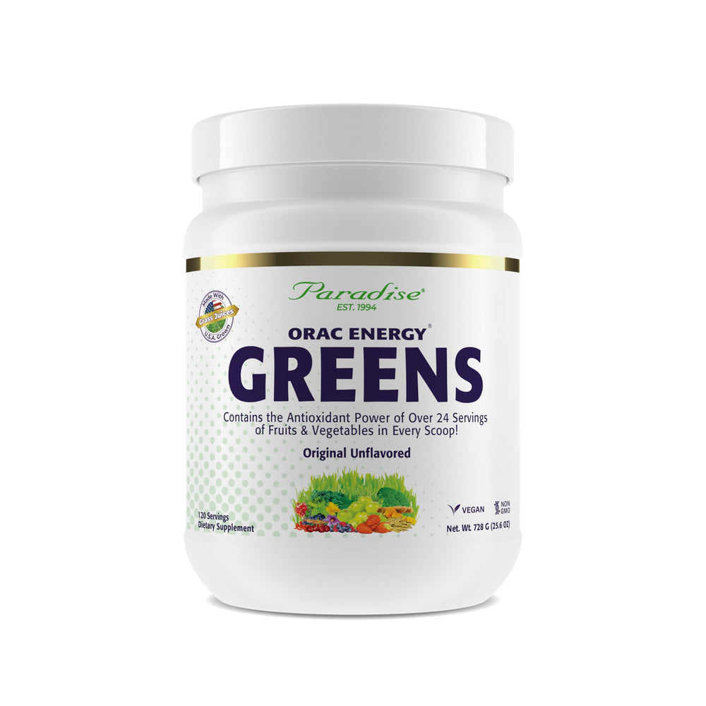 Paradise Herbs ORAC Energy Greens bottle on countertop highlighting antioxidant blend for daily wellness.