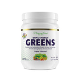 Paradise Herbs ORAC Energy Greens bottle on countertop highlighting antioxidant blend for daily wellness.
