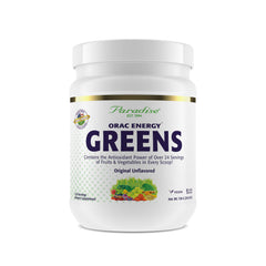 Paradise Herbs ORAC Energy Greens bottle on countertop highlighting antioxidant blend for daily wellness.