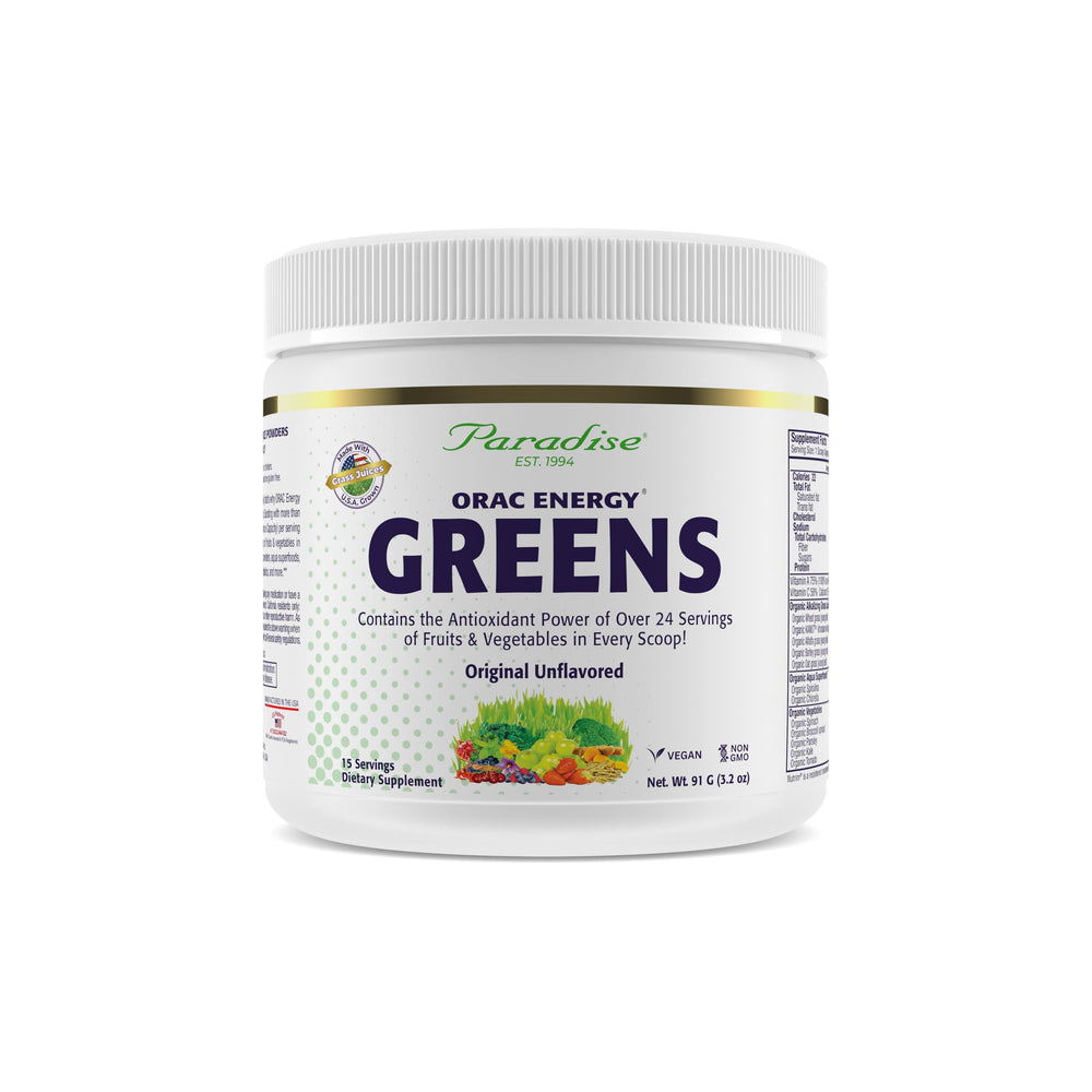 Paradise Herbs ORAC Energy Greens scoop, daily serving for antioxidant power.