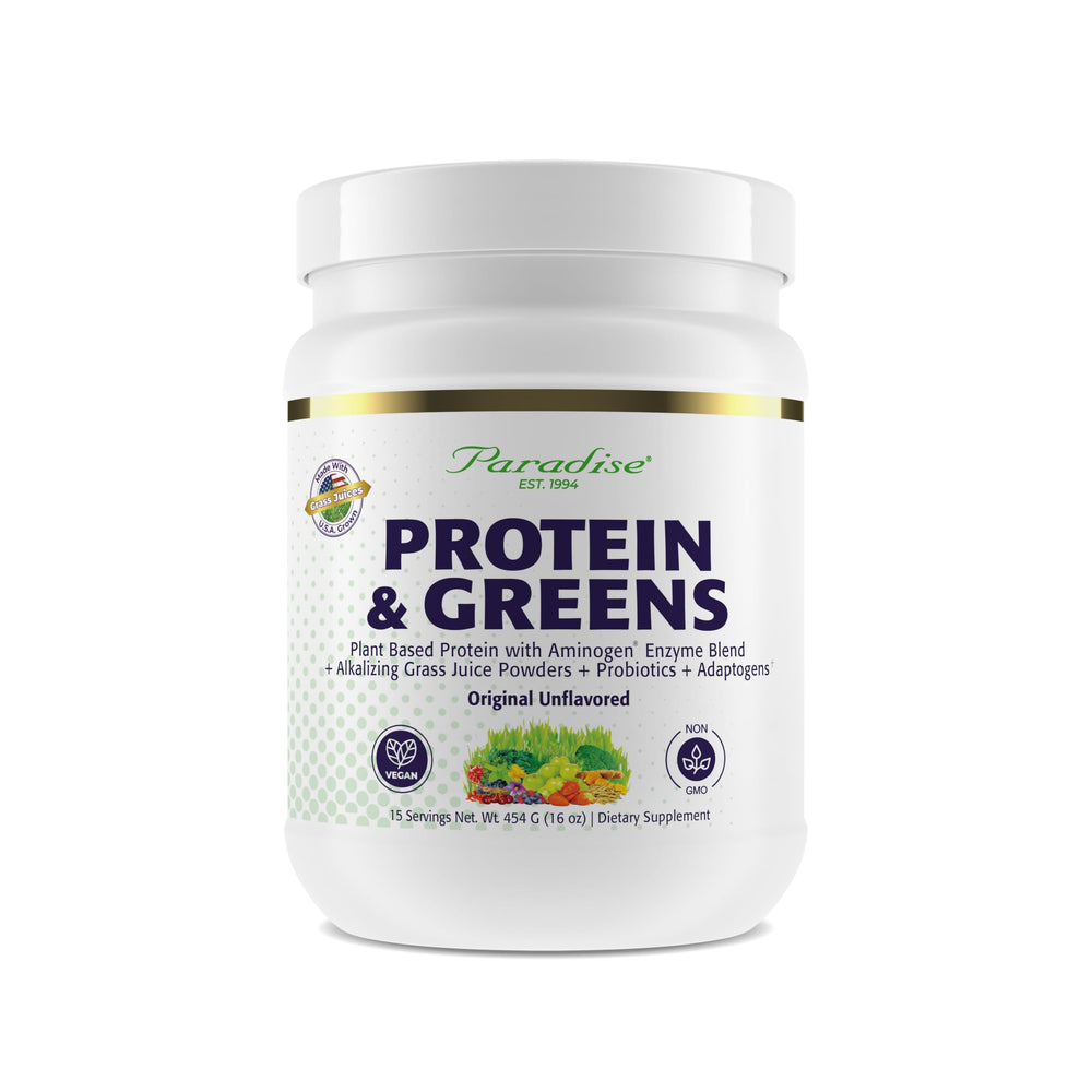 Paradise Herbs ORAC Energy Powder tub and label highlight 20 g protein and antioxidant greens.
