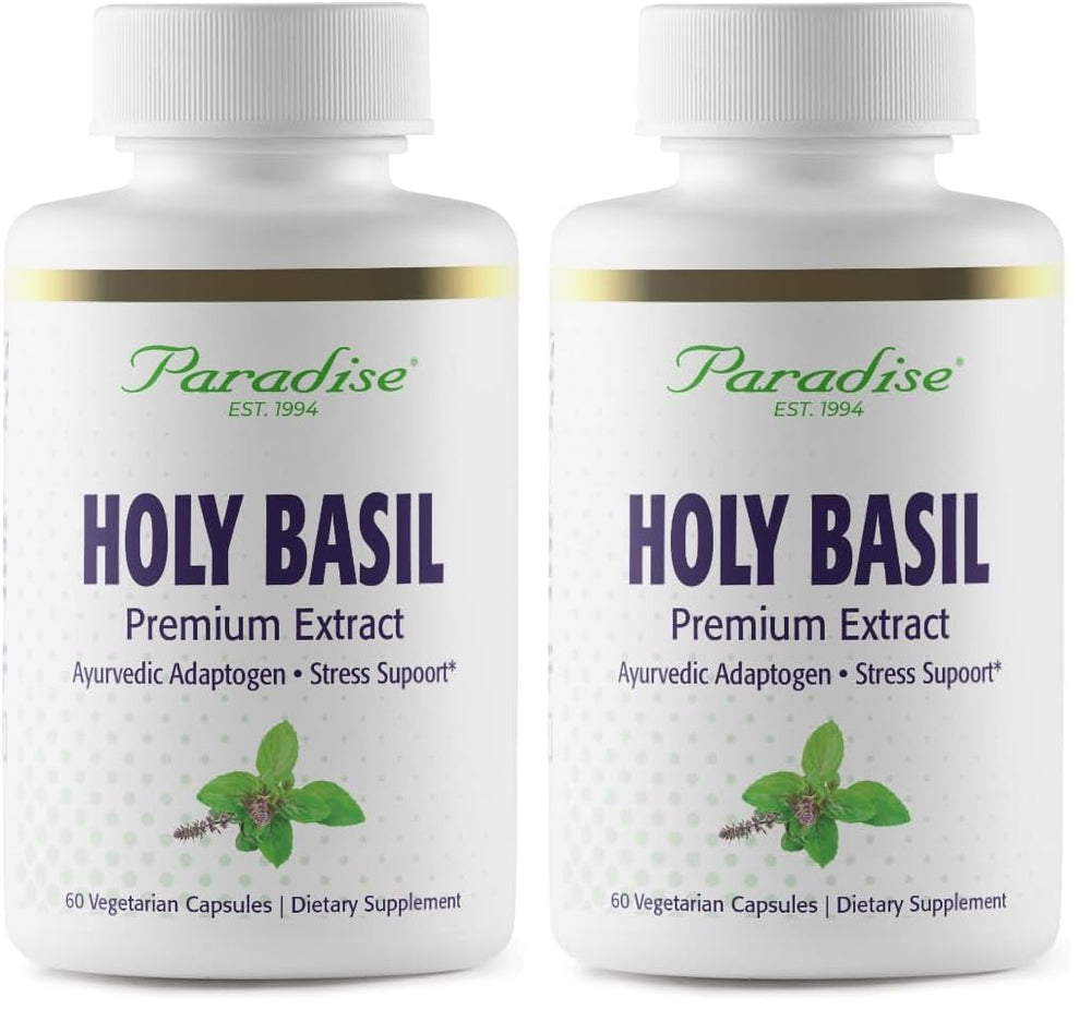 Paradise Herbs Holy Basil supplement bottle with organic full-spectrum extract for daily wellness support.
