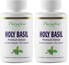 Paradise Herbs Holy Basil supplement bottle with organic full-spectrum extract for daily wellness support.