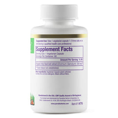 Paradise Herbs Holy Basil capsules pack highlighting vegan, non-GMO formulation for convenient daily use.