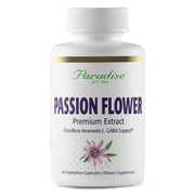 Paradise Herbs Passion Flower bottle label highlighting purity and calming potential.