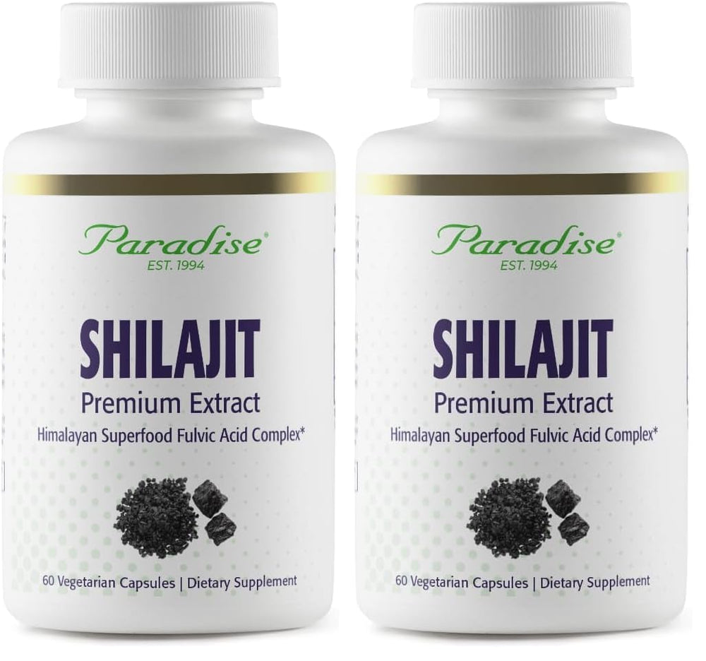 Paradise Herbs Shilajit Extract bottle shown, highlighting vegan and keto-friendly formula for daily use.