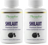 Paradise Herbs Shilajit Extract bottle shown, highlighting vegan and keto-friendly formula for daily use.