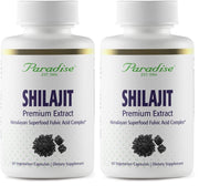 Paradise Herbs Shilajit Extract bottle shown, highlighting vegan and keto-friendly formula for daily use.