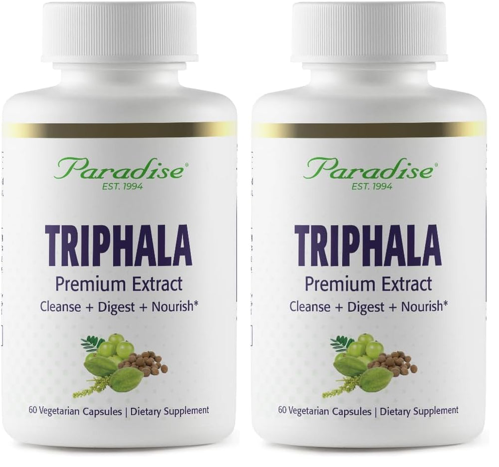 Paradise Herbs Triphala Extract bottle shows vegan, gluten-free formula for daily support
