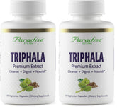 Paradise Herbs Triphala Extract bottle shows vegan, gluten-free formula for daily support