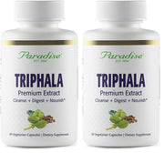 Paradise Herbs Triphala Extract bottle shows vegan, gluten-free formula for daily support