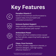 Paradise Herbs Vitamin C capsules shown with a glass of water for daily use