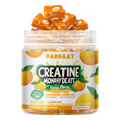 Parhaat Creatine Monohydrate Chews nutrition label highlights vegan and sugar-free formula