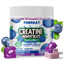 Parhaat Creatine Monohydrate Soft Chews blueberry bottle: convenient energy support for workouts.
