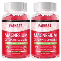 Parhaat Magnesium Glycinate Gummies Raspberry bottle shows sugar-free daily calm mood support.