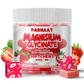 Parhaat magnesium glycinate soft chews strawberry bottle showing a sugar-free calming formula