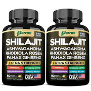 Parrox bottle-front showcases the 8-in-1 Shilajit supplement for daily wellness.