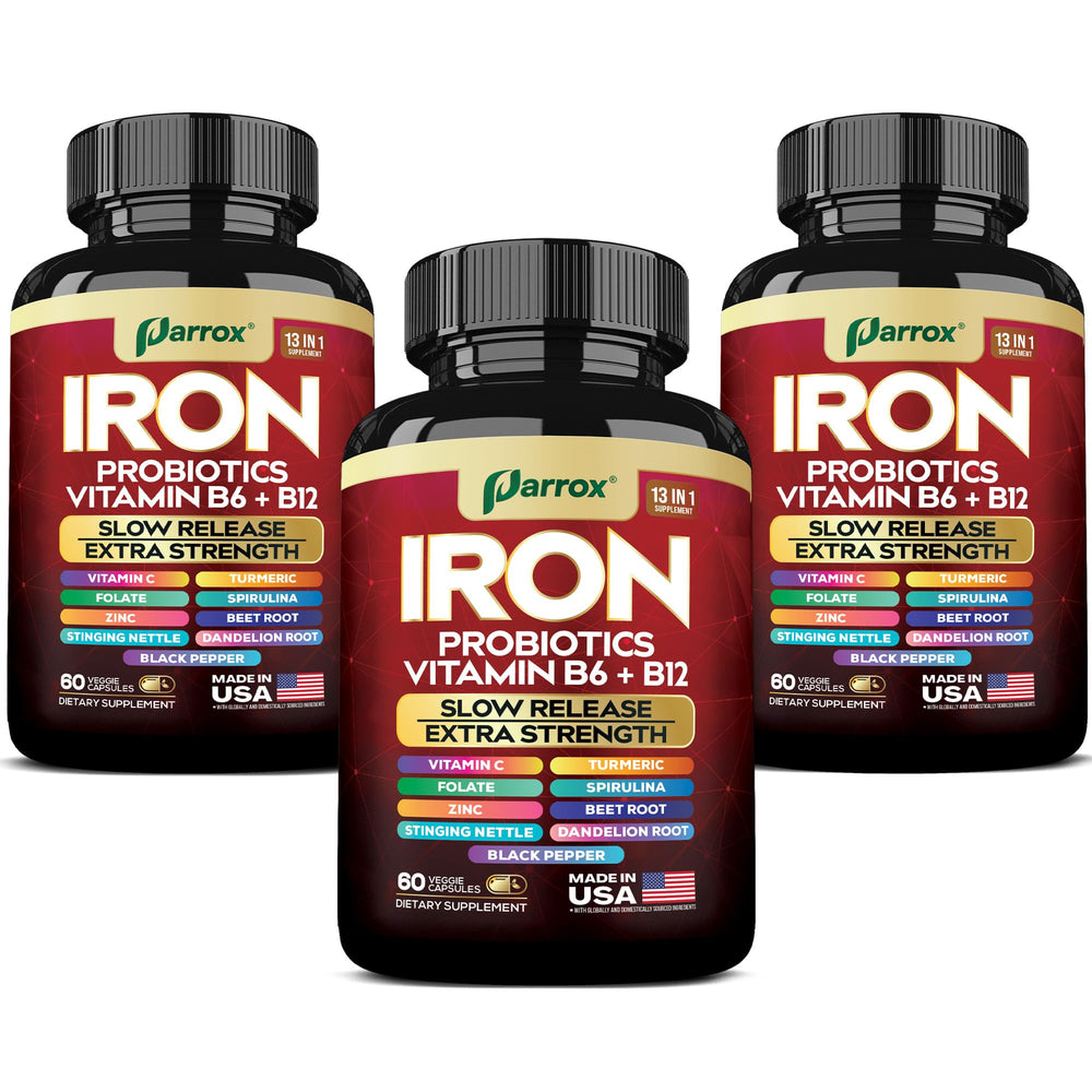 Parrox Elemental Iron bottle showing slow-release iron for steady daily support