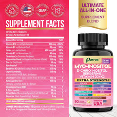 Parrox Myo-Inositol label closeup showcasing D-Chiro Inositol and absorption-boosting Bioperine.