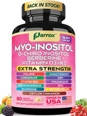 Parrox Myo Inositol bottle label highlights 16-in-1 wellness blend for balanced energy