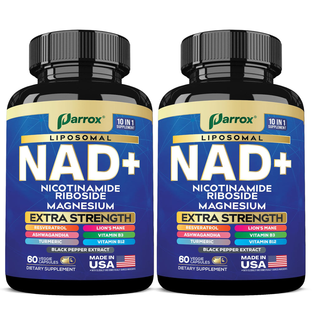 Parrox NAD+ bottle front view highlighting premium 10-in-1 formula for daily vitality