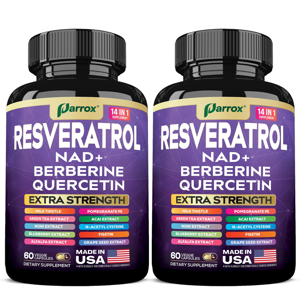 Parrox Resveratrol 14-in-1 bottle, showcasing a comprehensive wellness blend for daily vitality.