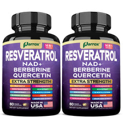 Parrox Resveratrol 14-in-1 bottle, showcasing a comprehensive wellness blend for daily vitality.
