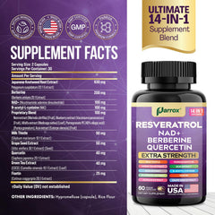 Parrox Resveratrol cap closeup highlights premium 14-in-1 formula
