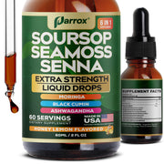 Parrox Soursop Seamoss Senna liquid bottle on kitchen counter supports daily wellness.