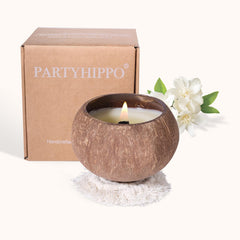 PARTYHIPPO coconut shell candle shown in a natural shell for calming ambience