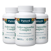 Pattern Wellness Ashwagandha Complex bottle front with vegan capsules for daily balance