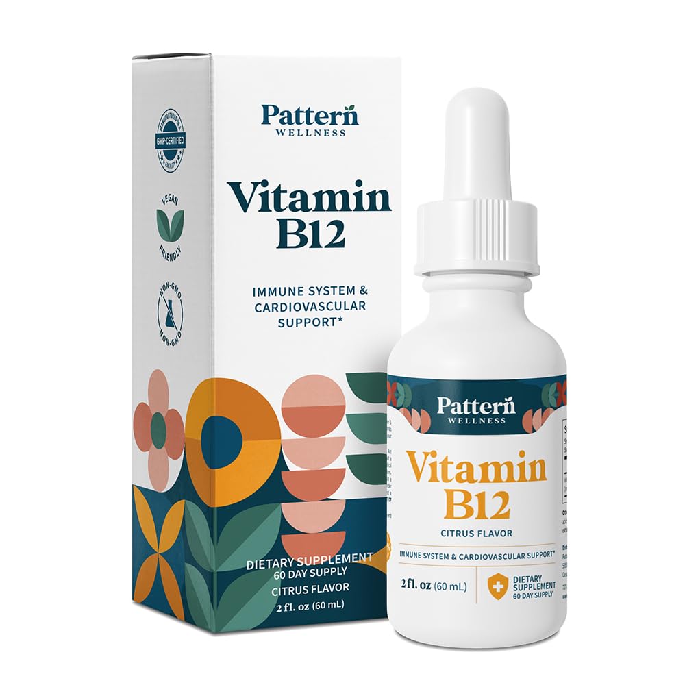Pattern Wellness Vitamin B12 5000 mcg drops bottle highlighting citrus flavor for daily energy support.