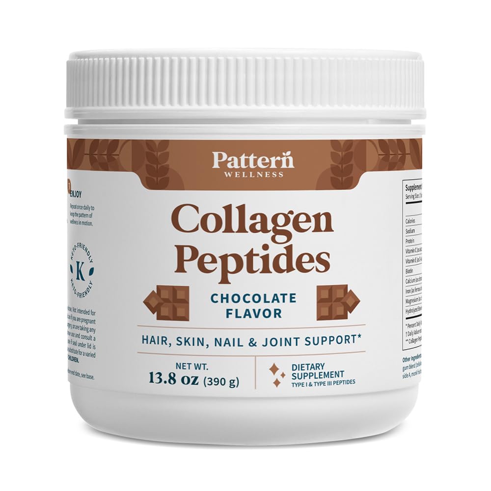 Pattern Wellness collagen powder chocolate tub front shows premium Type I & III collagen for skin and nails support.