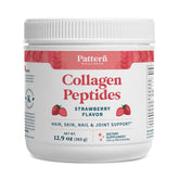 Pattern Wellness collagen powder tub close-up showing strawberry flavor and premium ingredients.