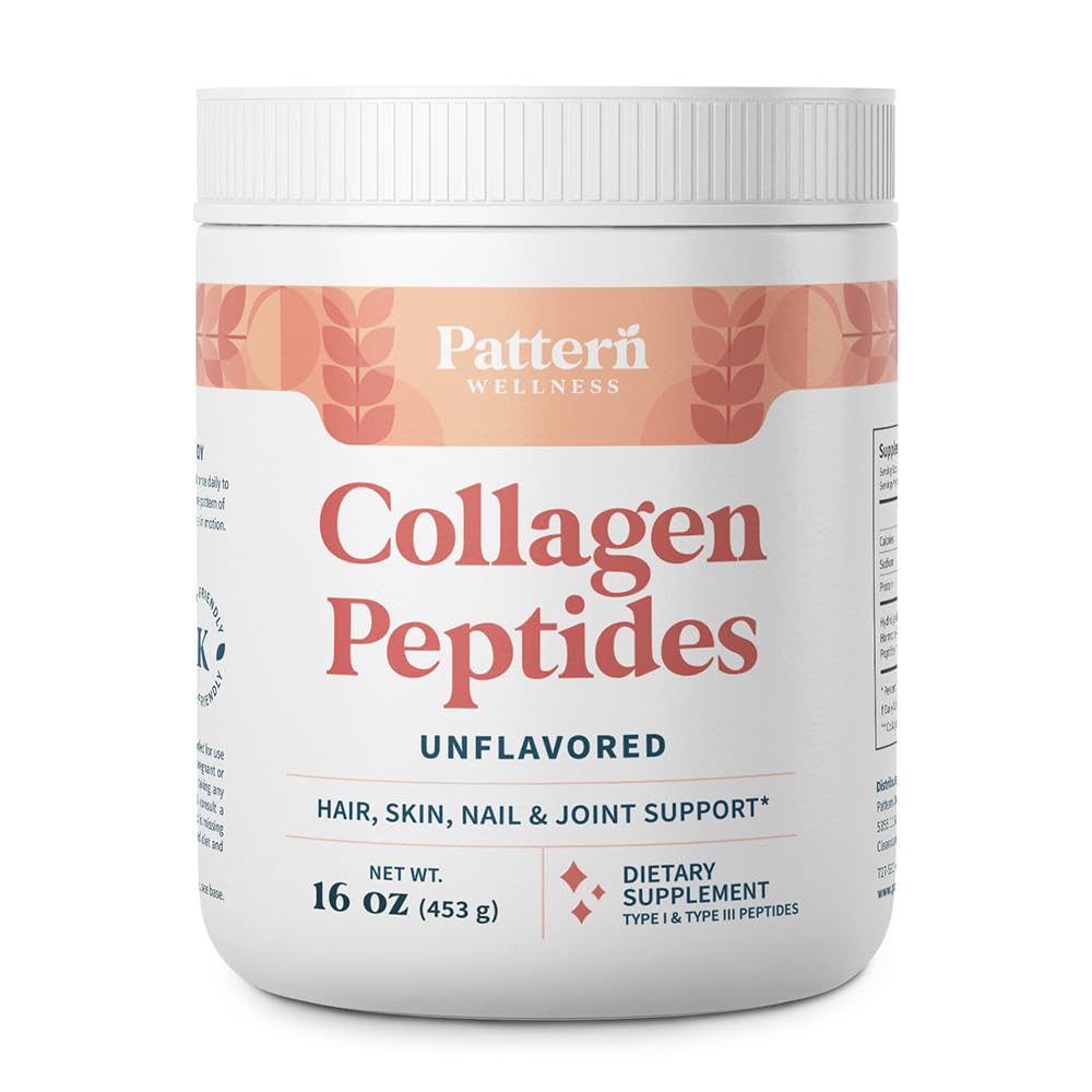 Pattern Wellness Collagen Powder tub closeup, dairy-free formula for daily skin and joint wellness.