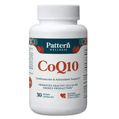 Pattern Wellness CoQ10 bottle front showing vegan capsules for daily energy support