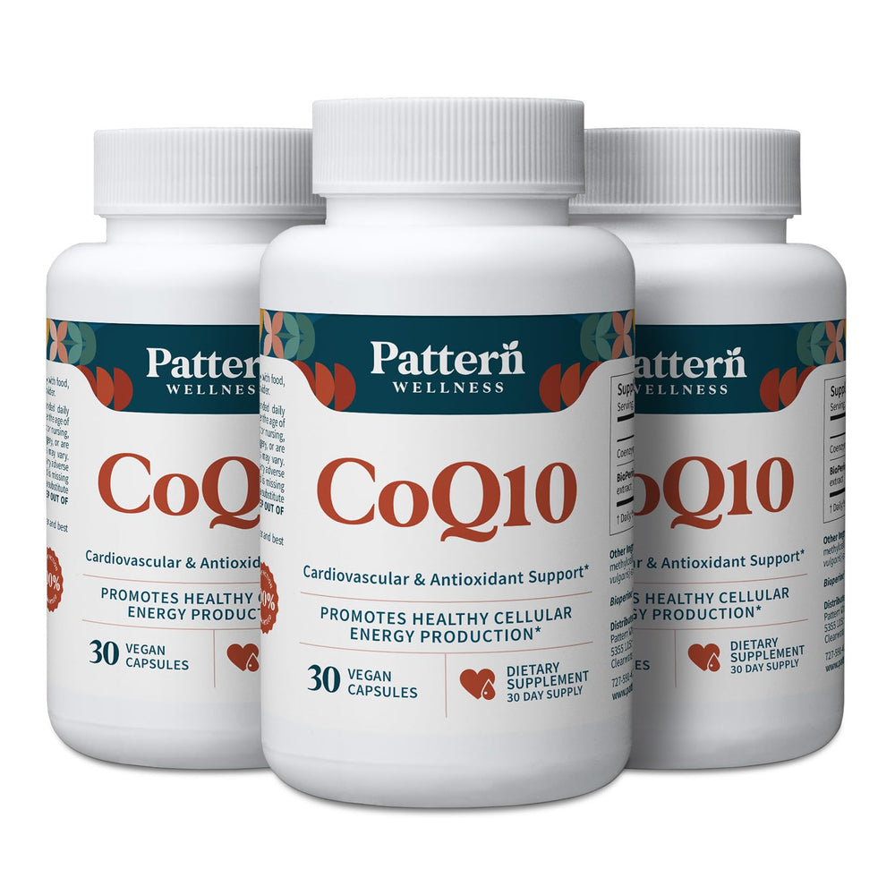Pattern Wellness CoQ10 bottle label with 200 mg ubiquinone and BioPerine for absorption.